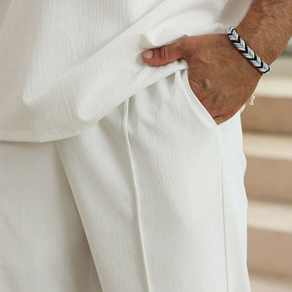 White Casual Men's Deep V-Neck Polo Shirt And Pants Set - Picture 6 of 6